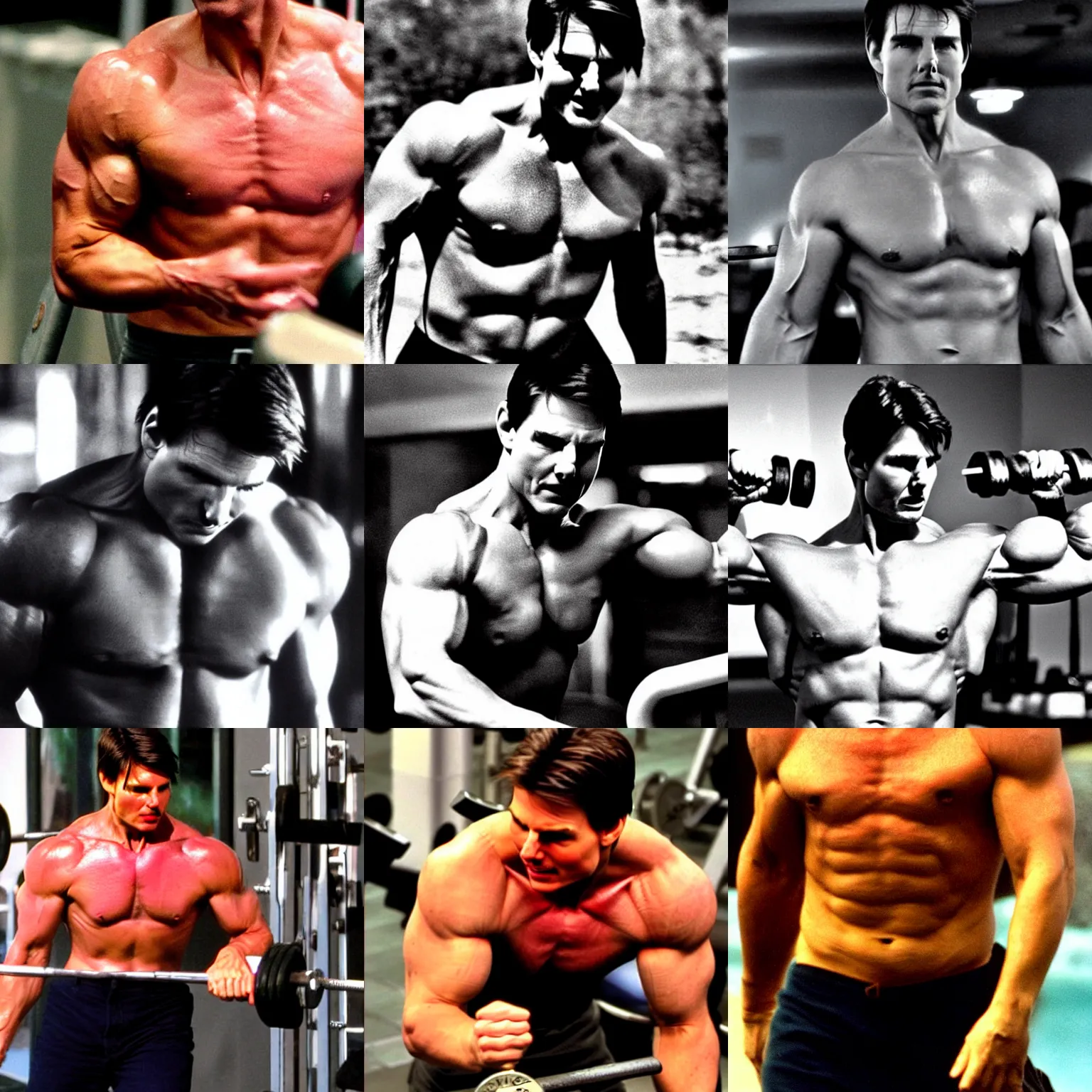 Prompt: tom cruise steroid monster pumping iron, real still photograph close up chest