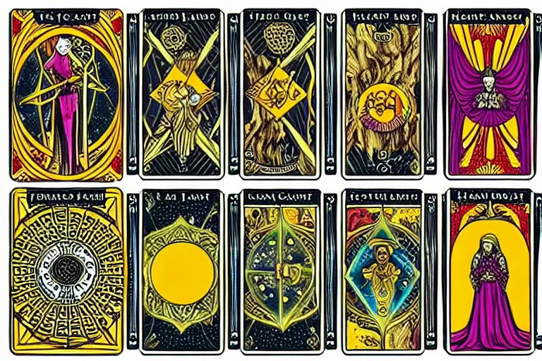 Prompt: tarot card designs featuring magic gemstones, ornate pattern borders