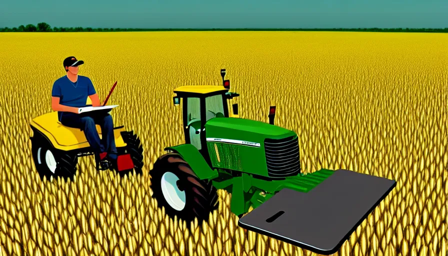 Image similar to beautiful Sphinx writing code on a laptop for an important project in a corn field with a john deere tractor, dynamic lighting, digital art