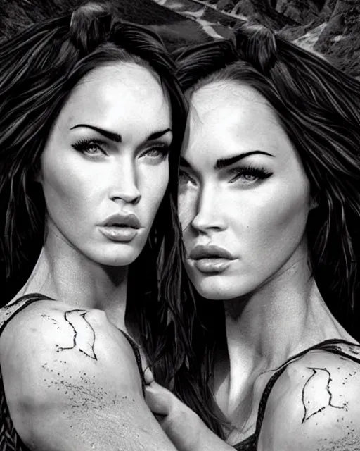 Prompt: realism tattoo design sketch of megan fox face blended with beautiful mountain scenery, in the style of dan mountford, double exposure photography, hyper realistic, amazing detail, black and white