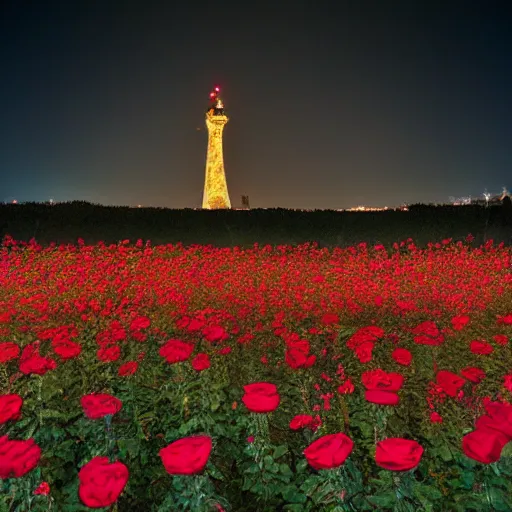 Image similar to a photo of a field of roses with a dark tower in the center. night landscape. 4 k. national geographic. high detail. soft colors. tender photo