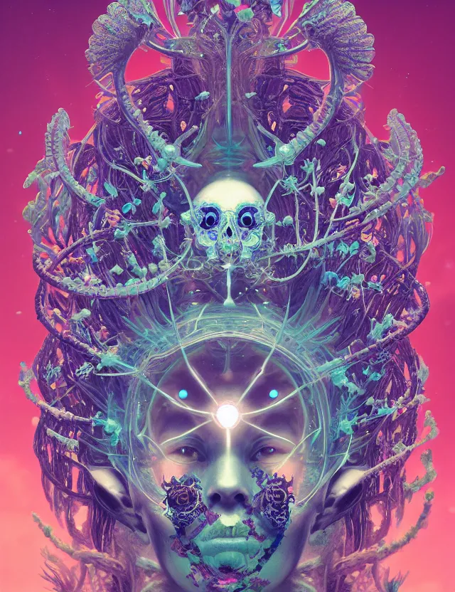 Image similar to symmetrical, centered, goddess close-up portrait wigh crown made of skulls. phoenix betta fish, phoenix, bioluminiscent creature, super intricate ornaments artwork by Tooth Wu and wlop and beeple and greg rutkowski