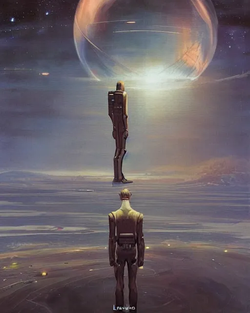 Image similar to a painting of a man standing in front of a giant alien, poster art by les edwards and by ralph mcquarrie and by peter elson, cgsociety, space art, lovecraftian, cosmic horror, poster art