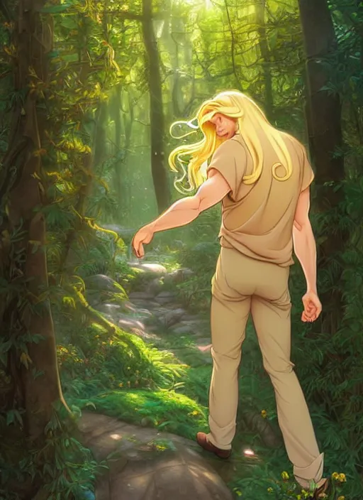 Prompt: book cover design, pretty young man with long golden blond hair, shiny and sparkling, in a forest, from behind, natural lighting, path traced, highly detailed, high quality, cartoon, digital painting, by don bluth and ross tran and studio ghibli and alphonse mucha