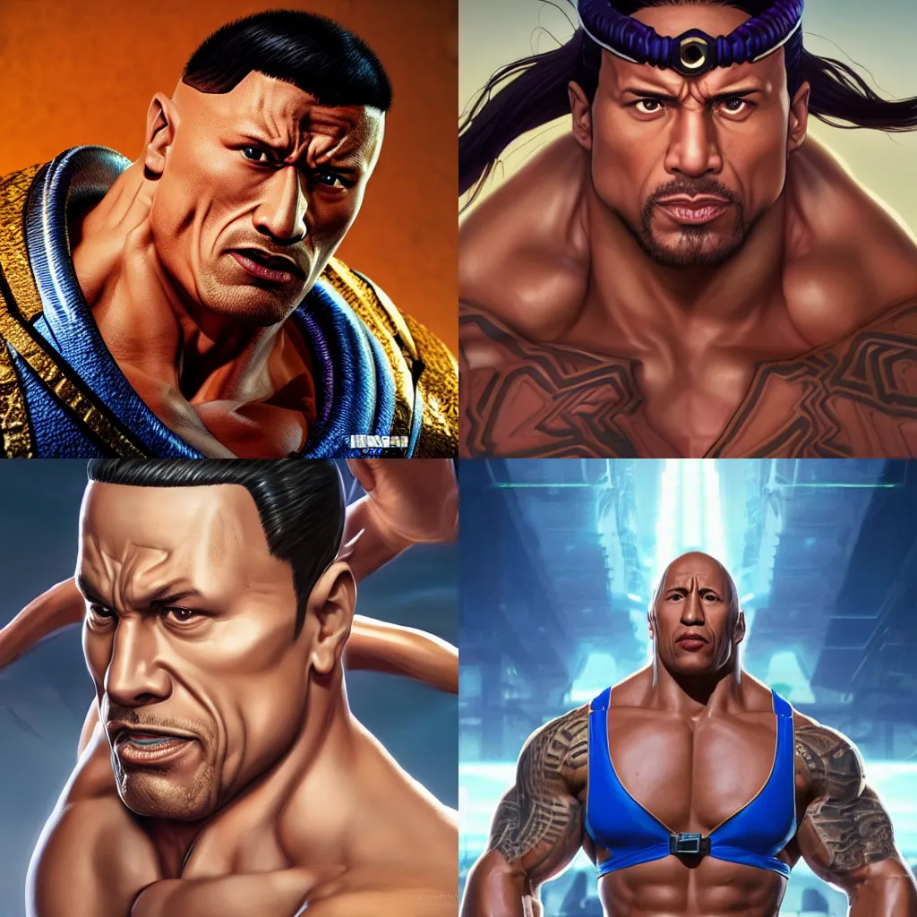 Prompt: male face reminiscent of dwayne johnson with chun li outfit from street fighter, dwayne johnson wearing chun li's bikini, zoomed out, intricate, epic lighting, cinematic composition, hyper realistic, 8k resolution, unreal engine 5, by Artgerm, tooth wu, dan mumford, beeple, wlop, rossdraws, James Jean, Andrei Riabovitchev, Marc Simonetti, yoshitaka Amano, Artstation