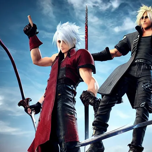 Prompt: Dante from Devil May Cry 5 and Cloud Strife from Final Fantasy VII Remake fighting with their swords, fantasy, shot on iphone, hyperrealism 8k,