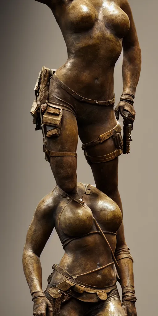 Image similar to detailed photo of an old bronze patina statue of a beautiful lara croft posing for a full body portrait, photorealismintricate detail, museum diffuse lighting