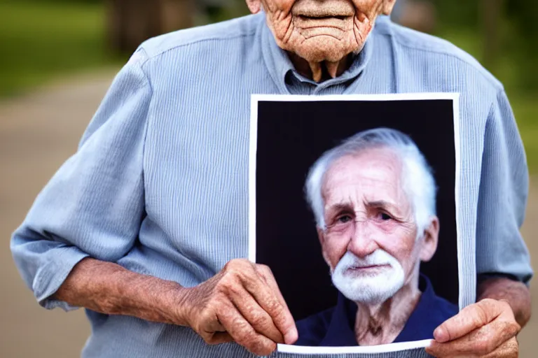 Image similar to young man holding a photograph of him as a old man