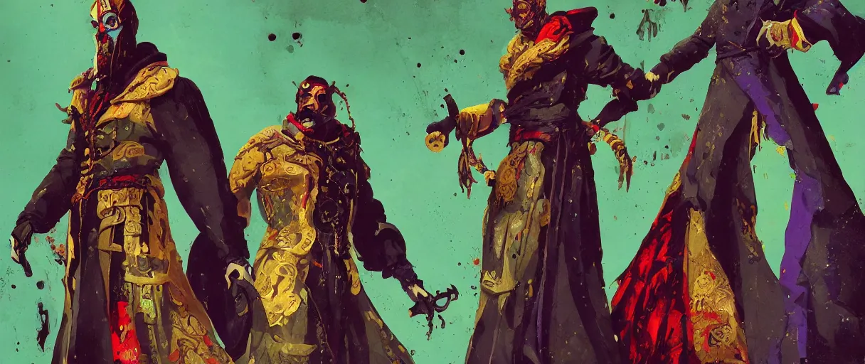 Image similar to duotone comic noir illustration painting of olgierd von everec with red rair in nobleman green and purple and golden ornaments robes by sachin teng and sergey kolesov and ruan jia and heng z. graffiti art, scifi, fantasy, hyper detailed. octane render. concept art. trending on artstation