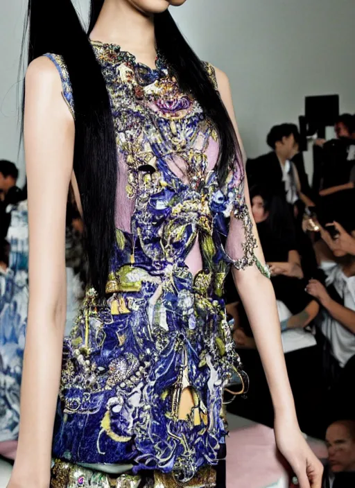 Prompt: A beautiful portrait of Ming Xi as a Versace fashion show Milan Spring/Summer 2012, highly detailed, in the style of cinematic, Getty images, fashion week backstage , Greg rutkowski
