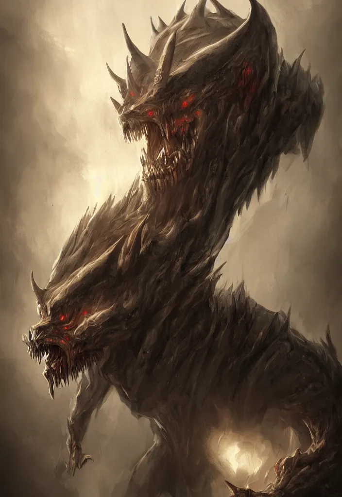 Image similar to a portrait of a gigantic predator as a demon trending on artstation, eerie, fantasy, dark, digital art.