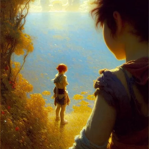 Image similar to a gaston bussiere's film still portrait of child hiker finding a city inside a cava, finely detailed features, closeup at the faces, sun, water, perfect art, gapmoe yandere grimdark, trending on pixiv fanbox, painted by greg rutkowski makoto shinkai takashi takeuchi studio ghibli, gaston bussiere