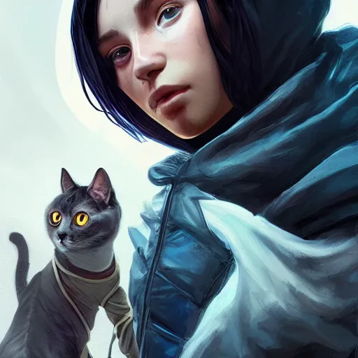 Image similar to a pale young girl with black hair, 1 8, in a hoodie, and a cat, apex legends character, digital illustration portrait design, by android jones and greg rutkowski, retrowave color scheme, detailed, cinematic lighting, wide angle action dynamic portrait