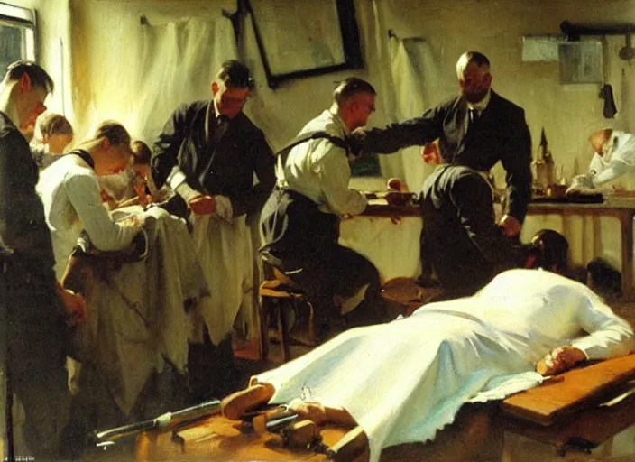Prompt: anders zorn oil painting of instruction of autopsy surgery