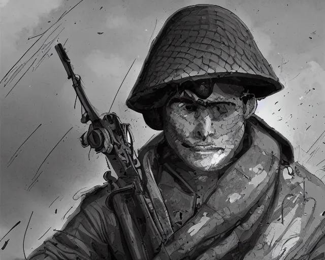 Prompt: A soldier in despair in a world war 1 trench, close-up, black and white, amazing digital art, hyper detailed, artstation, in the style of Tony Sart