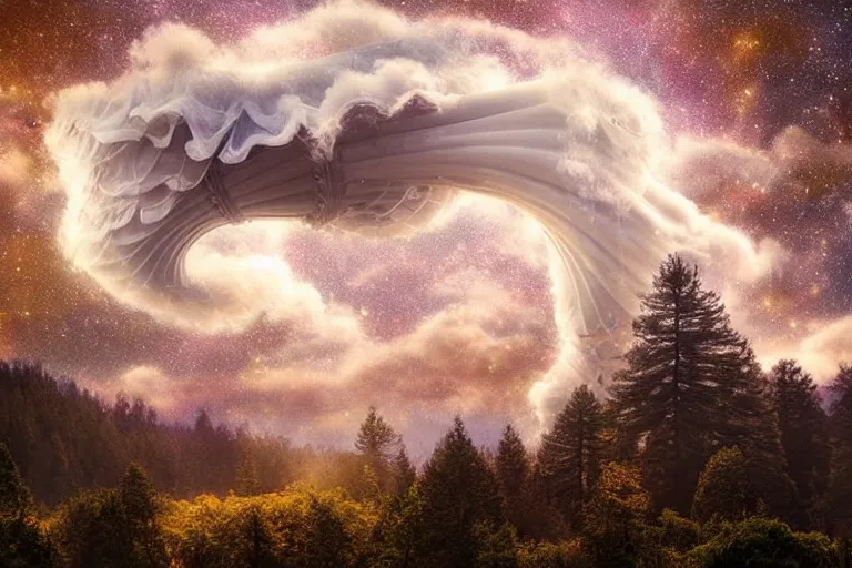 Image similar to a huge flock of many intricate elegant french horn tuba cloud filigreed cloud sculptures, art nouveau redwood forest environment, soothing, milky way, award winning art, epic dreamlike fantasy landscape, ultra realistic,