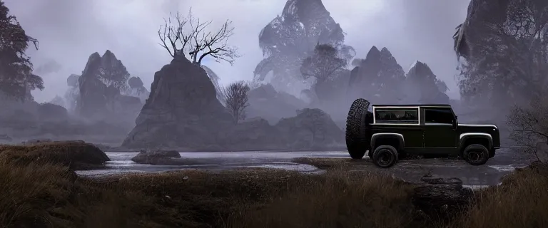 Image similar to Land Rover Defender 110 (1985), The Elder Scrolls III: Morrowind, Numidium robot in the distance, an epic fantasy, dramatic lighting, cinematic, establishing shot, extremely high detail, photorealistic, cinematic lighting, artstation, by simon stalenhag, the Nerevarine drives across Morrowind, strange flora, strange fauna, Bull Netch floating around, Morrowind fauna prominent across the landscape