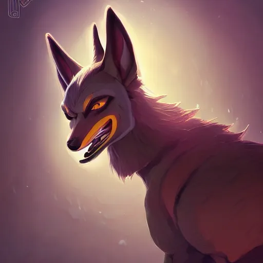 Image similar to portrait of anubis, an antropomorphic creature with coyote face, dark hair, mattepainting concept blizzard pixar maya engine on cold night stylized background splash comics global illumination lighting artstation lois van baarle, ilya kuvshinov, rossdraws