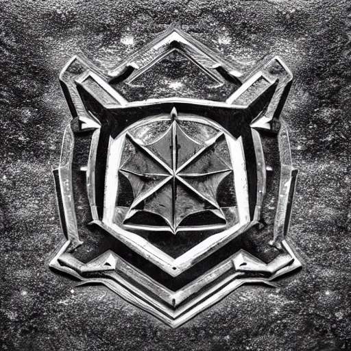 Image similar to a dark desaturated photograph of a military insignia with three interlocking diamonds, red central geometric shape, glossy black liquid latex, asphalt and metal, intricate black metal logo, designed by helmut lang and junya watanabe, asymmetrical cinematic composition, 8k hyperrealistic, hyper-detailed, 10mm camera, highly textured, dark volumetric lighting, fine details, muted, octane render — h 768