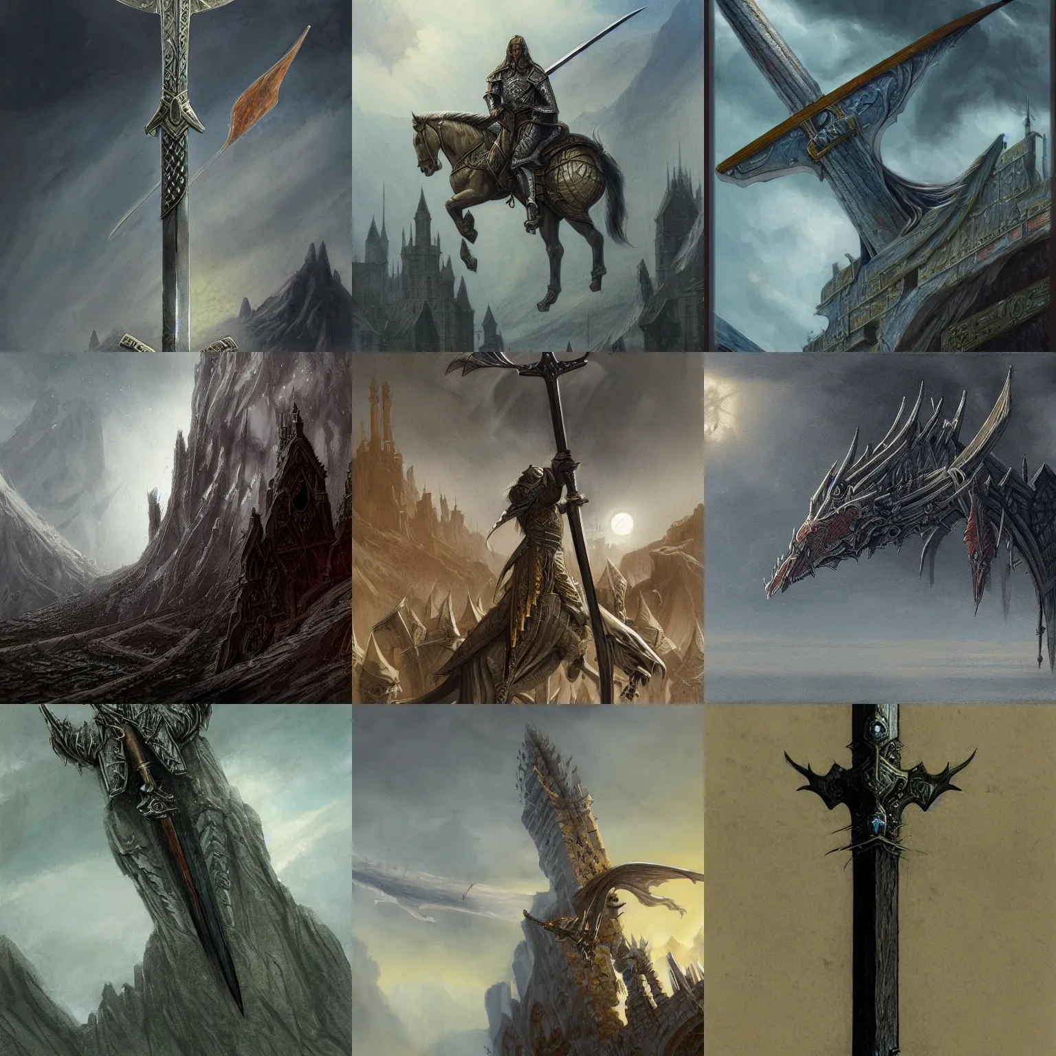 Prompt: medieval sword in sky, mtg, d & d, legend of the cryptids, highly detailed, artstation, concept art, sharp focus, john howe, briclot, rutkowski