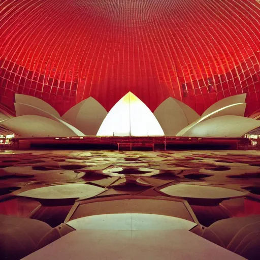 Image similar to interior of a futuristic lotus temple with gold, red and white marble panels, in the desert, by buckminster fuller and syd mead, intricate contemporary architecture, photo journalism, photography, cinematic, national geographic photoshoot