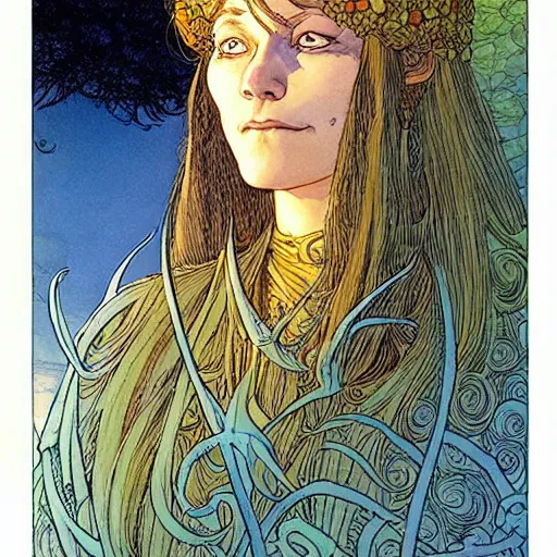 Image similar to a beautiful portrait of sanna!!!!! marin!!!!!, the young female prime minister of finland as a druidic wizard by rebecca guay, michael kaluta, charles vess and jean moebius giraud