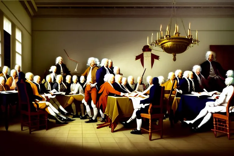 Image similar to baroque oil painting of key visual environment concept art of the anime maid founding fathers signing the declaration of independence, brutalist, dark fantasy, rule of thirds golden ratio, fake detail, trending pixiv fanbox, acrylic palette knife, style of makoto shinkai studio ghibli genshin impact jamie wyeth james gilleard greg rutkowski chiho aoshima