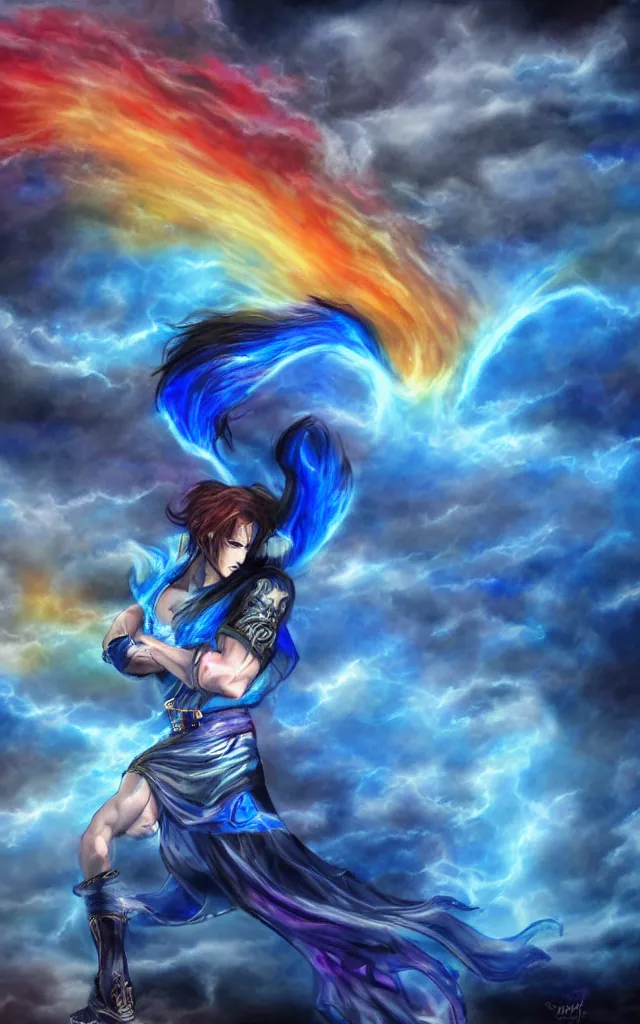 Image similar to a rainbow blue djinn in the style of Tekken blue and white night dramatic airbrushed clouds over black background, airbrush fantasy