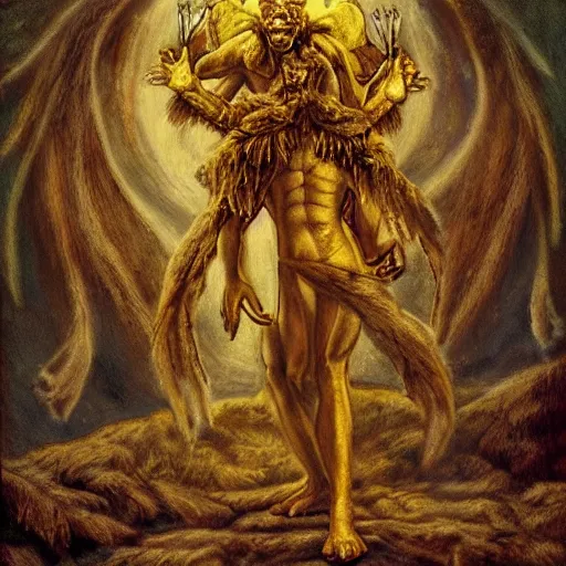 Prompt: The Golden Beast, he of Beguiling Light, Mephistopheles, the Golden Heaven, the sole friend of Mercury