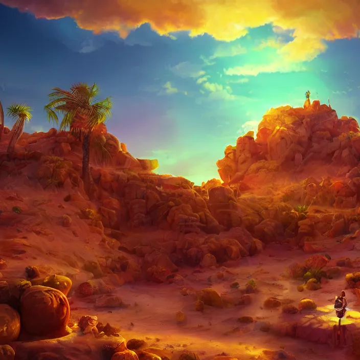 Image similar to desert made from icecream and candies, caramel colorful sun, luminescent sky, handsome, intricate, detailed, volumetric lighting, scenery, digital painting, highly detailed, artstation, sharp focus, illustration, 8 k, hyper realistic, magic world, cartoon