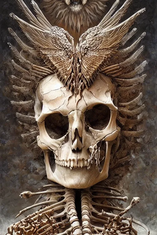 Image similar to realistic detailed statue of an owl skeleton, cracked body full of scars, made by Karol Bak and Bernini. Rich colors. Beksinski and painting. Masterpiece