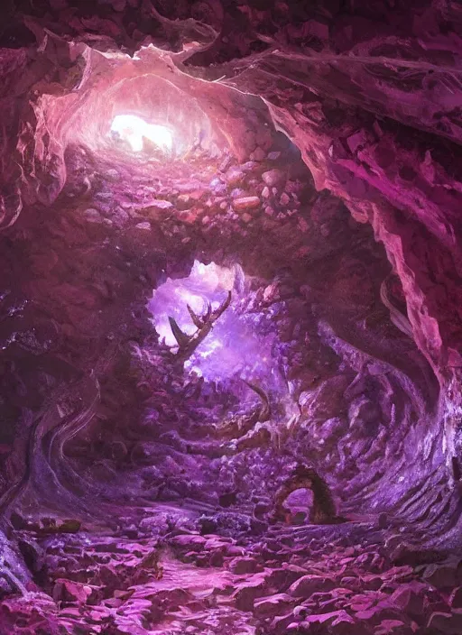 Image similar to beautiful hyper realistic zergling tunnel in cave of purple crystals, beautiful painting by greg rutkowski