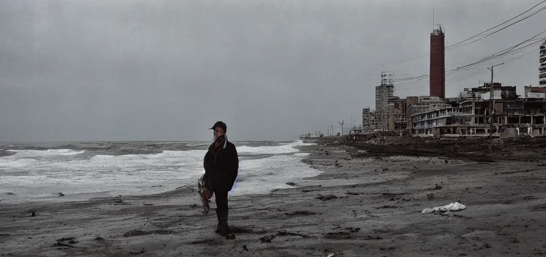 Prompt: apocaliptic Portrait of the city of Mar del Plata with a offshore oil dripping , by stephen Shore, epic composition 35mm