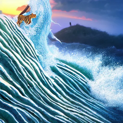 Image similar to a closeup photorealistic photograph of an energetic knitted tiger hippopotamus riding a large wave during sunset. surf in the background. professional capture. brightly lit scene. this 4 k hd image is trending on artstation, featured on behance, well - rendered, extra crisp, features intricate detail, epic composition and the style of unreal engine.