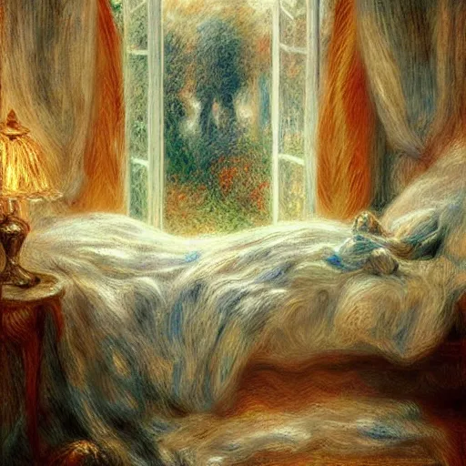 Prompt: on a rainy day, someone sits in bed, curled up under the covers, looking out the window, artstation, extremely detailed, intricate, cinematic lighting, art by pierre - auguste renoir