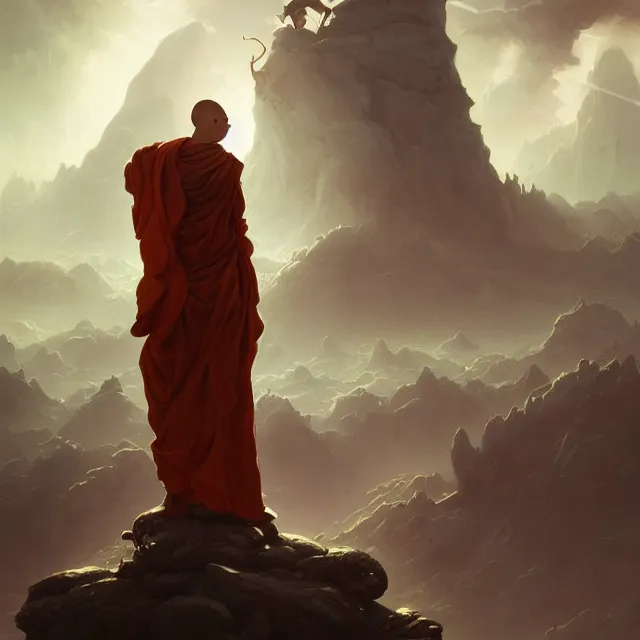 Image similar to in the style of peter mohrbacher, a glowing monk floating and meditating on a rock, dystopian landscape, intricate, masterpiece, award winning, fantasy, hyperrealism intricate