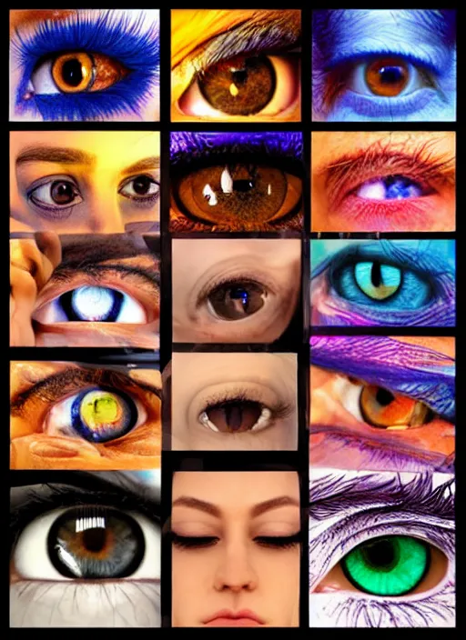 Image similar to grid montage of cube shaped eyes, cube shaped dilated pupils, cubic irises, detailed colored textures, eyelashes, advanced art, art styles mix, from wikipedia, wet reflections in cube eyes, sunshine light, hd macro photograph, from side, various eyelid positions