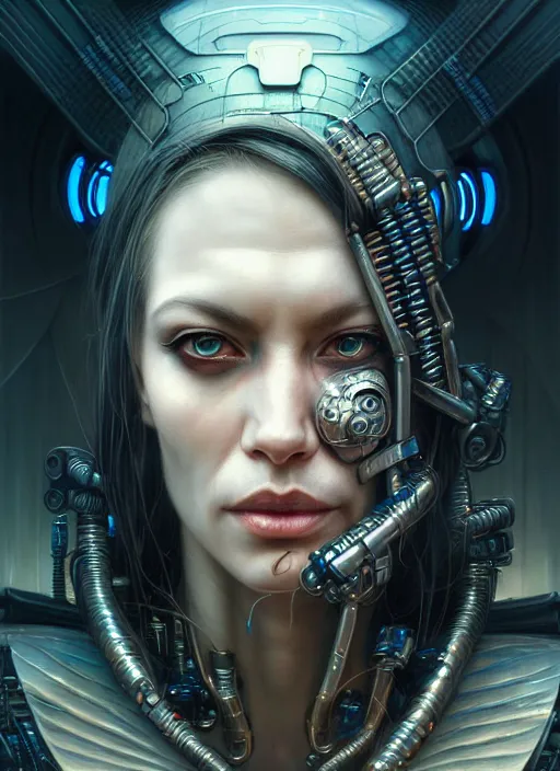 Image similar to closeup portrait shot of a cyberpunk cyborg in a scenic dystopian environment, intricate, elegant, highly detailed, centered, digital painting, artstation, concept art, smooth, sharp focus, illustration, artgerm, tomasz alen kopera, peter mohrbacher, donato giancola, joseph christian leyendecker, wlop, boris vallejo