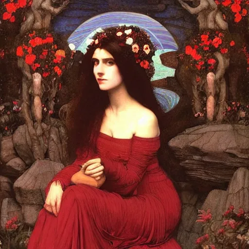 Prompt: Symmetric Pre-Raphaelite painting of a beautiful woman with dark hair in a dark red dress, sitting on a throne of rocks, surrounded by a halo of flowers and neural networks and geometric drawings and mathematical drawings, by John William Waterhouse, Pre-Raphaelite painting