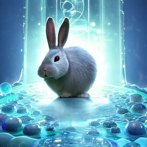 Image similar to gates of heaven, expressive eyes, floating, rbc, bunny, radiolaria, protophyta, micro - organisms, center frame, symmetric, rim light, marine microbiology, bioluminescence, electric, fur, soft, concept art, intricate details, highly detailed, colorful, photorealistic, disney pixar, octane render,