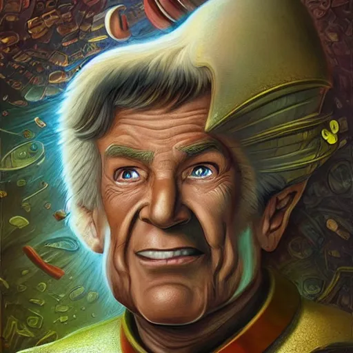 Image similar to Captain Kirk Funny cartoonish by Gediminas Pranckevicius H 704 and mort drucker Tomasz Alen Kopera, masterpiece, trending on artstation