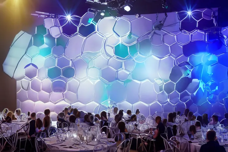 Image similar to hexagons everywhere, corporate event, premium sotckphotos, studio light, ultrarealistic, 8k