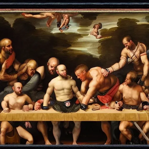 Prompt: renaissance painting of UFC fighters, long table, masvidal, mcgregor, nate diaz, robbie lawler, brock lesnar