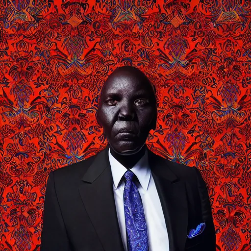 Image similar to a painting of a XXL wise elder from Kenya in a suit by Kehinde Wiley . dramatic angle, ethereal lights, details, smooth, sharp focus, illustration, realistic, cinematic, artstation, award winning, rgb , unreal engine, octane render, cinematic light, macro, depth of field, blur, red light and clouds from the back, highly detailed epic cinematic concept art CG render made in Maya, Blender and Photoshop, octane render, excellent composition, dynamic dramatic cinematic lighting, aesthetic, very inspirational, arthouse.