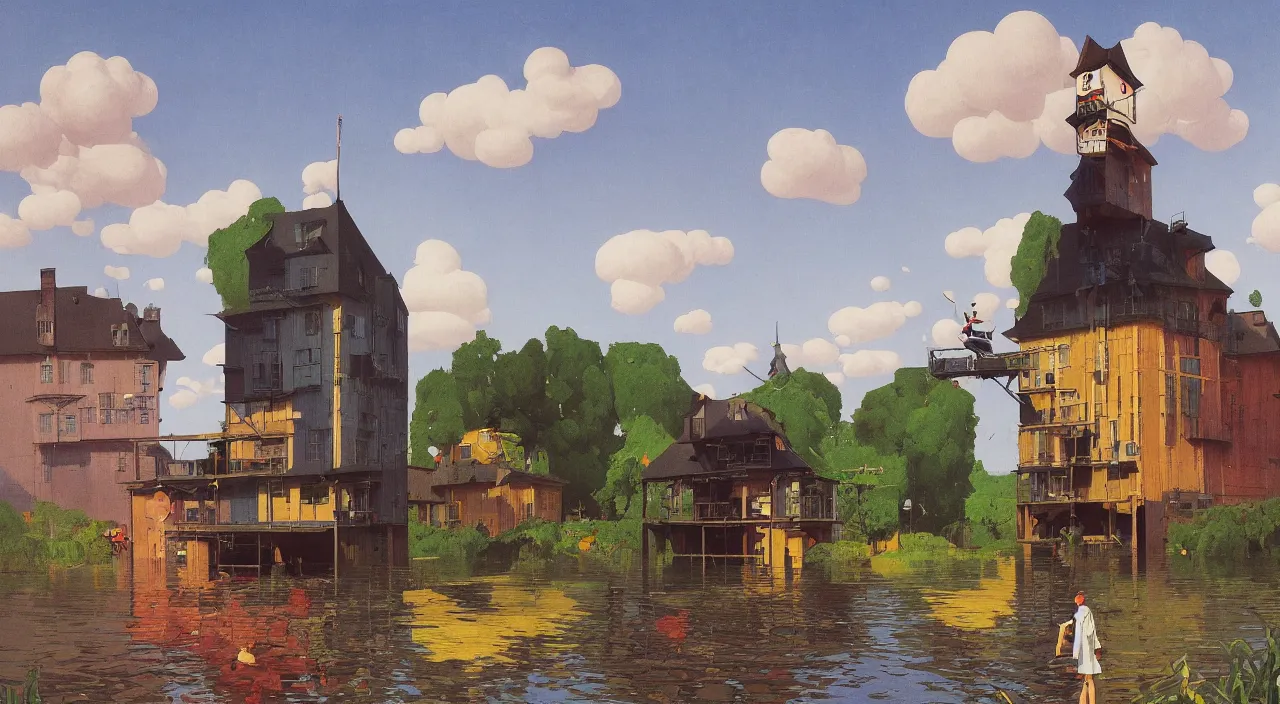 Prompt: single flooded simple falling leaning weird strange odd wooden tower, very coherent and colorful high contrast!! masterpiece by rene magritte simon stalenhag carl spitzweg syd mead norman rockwell edward hopper james gilleard, minimalist, dark shadows, sunny day, hard lighting