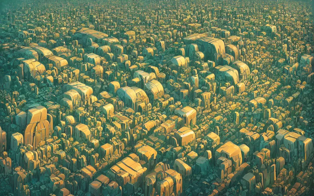 Image similar to gediminas pranckevicius very detailed, ilya kuvshinov, mcbess, rutkowski, illustration of a dense green alien megacity on a desert planet, alien architecture, seen from above, colorful, deep shadows, astrophotography