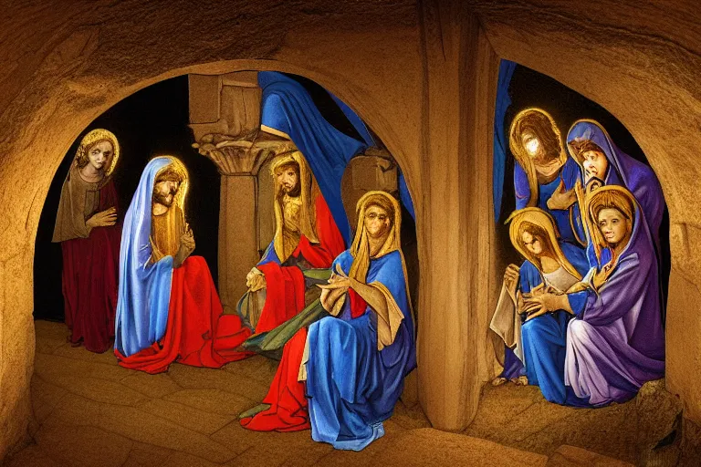 Prompt: inside the tomb of jesus, dark scene, light coming in from the left, small steps leading down, 3 marys crouching in colored robes at the tomb | 2 angels on the right side | medium close | fibonacci composition, by artgerm