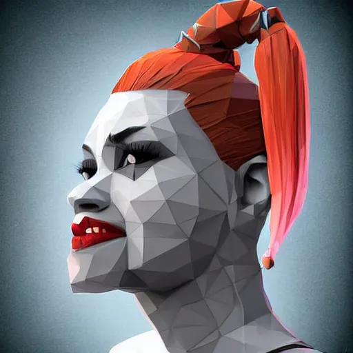 Image similar to digital art, low poly 3d render of Harley Quinn but she's a beautiful ape kid with long pony tails on either side of her head, illustration, by James Jean, artgerm, octane render, by John Coltrane and Marc Simonetti, Manic, graffiti, kinemacolor, colorful, high detail of the face