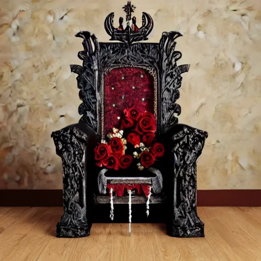 Image similar to vampire queen on treasure throne with roses and holes and gemstones