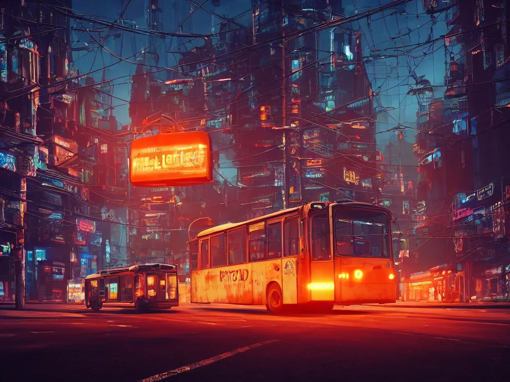 Prompt: an old shabby orange trolleybus stands at a stop on the other planet, headlights shine with neon light, in the background in the distance the earth, atmospheric, futuristic, cyberpunk, ray tracing global illumination, 8 k resolution, ultra detailed